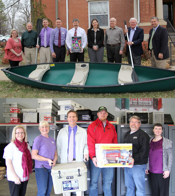 THERE WILL BE SOMETHING for everyone at this year’s Missouri State University-West Plains, thanks to Hirsch Feed and Farm Supply, which donated an outdoor enthusiast’s dream package for the April 11 event at the West Plains Opera House.  The package includes a green 15.6-foot Mackinaw canoe with two Seasense oars, a stainless steel Companion portable grill with a 212-square-inch cooking surface and carrying case by Holland, and a Yeti Tundra 35 cooler with 7.2 gallon capacity that is incredibly strong and keeps ice longer, auction officials said.  The package is worth more than $1,000.  Area residents can reserve a table of eight seats at the auction for $350 or purchase individual seating for $35 each.  Visit http://wp.missouristate.edu/development/auction.htm or call 417-255-7240 to purchase tickets.  With the canoe in the photo above, from left, Missouri State-West Plains Assistant Director of Development Melody Hubbell; Development Board member Chuck Kimberlin; Director of Development Joe Kammerer; Development Board members Bob Eckman, Dr. Scott Ream, Melissa Stewart, Paul Childers and Bob Manning; and Chancellor Drew Bennett.  With the grill and cooler below are, from left, Hubbell; Sue Wheeler of Hirsch Feed; Kammerer; Josh Kenyon and John Williams of Hirsch Feed; and Development Events Coordinator Amanda Niemotka.  (Missouri State-West Plains Photo)
