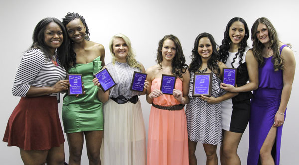 SEVEN MEMBERS of the 2013 Grizzly Volleyball team at Missouri State University-West Plains received individual awards during the annual Grizzly Sports Banquet/Hall of Fame Induction Ceremony Tuesday evening, April 8, at the West Plains Civic Center’s Magnolia Room.  Sophomore middle attacker Torika Baleilekutu, Palo Alto, Calif., received All-Region 16 first team honors; fresman middle attacker Leondra Barrett, Ooltewah, Tenn., received All-Region 16 first team honors and the blocking award (116 total blocks, .83 blocks per game).  Fresman defensive specialist Alyssa Aldag, Fort Worth, Texas, receive All-Region 16 first team honors, the defensive player award (666 total digs, 4.79 digs per game), and service reception award (2.56 passing rating).  Freshman setter Brianna Zebert, Pierce City, Mo., received All-Region 16 second team honors and the setter/assist award (1,457 assists, 10.48 assists per game).  Sophomore setter Laiz Novaes, Rio de Janeiro, Brazil, received the Marvin Wheeler Academic Excellence Award.  Sophomore middle/outside attacker Nella Ioramo, Union City, Calif., received the NJCAA All-American second team plaque, All-Region 16 first team honors, and the offensive player award (553 kills, 3.98 kills per game).  Sophomore outside attacker Helena Peric, Smederevo, Serbia, received All-Region 16 first team honors.  From left are Baleilekutu, Barrett, Aldag, Zebert, Novaes, Ioramo and Peric.  (Missouri State-West Plains Photo)