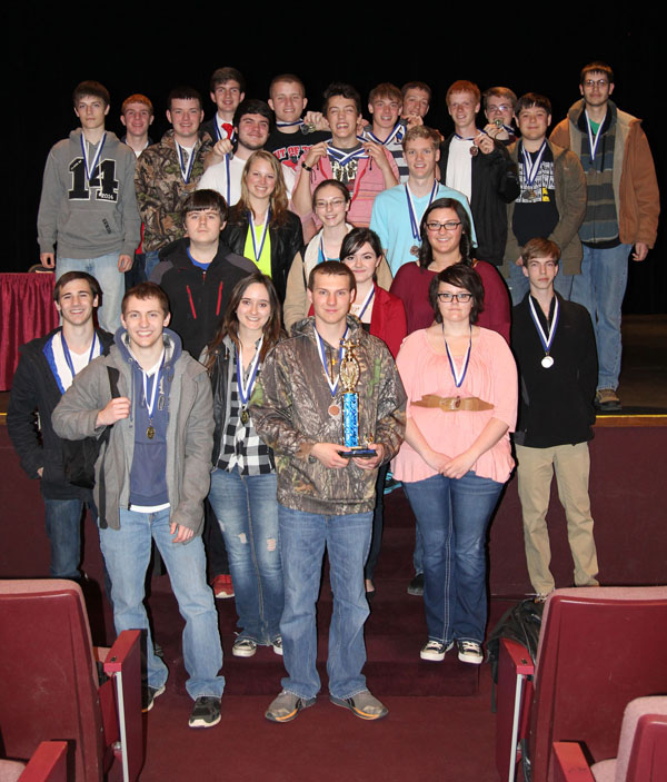 THE TEAM FROM WEST PLAINS High School took top honors in Division I at the 29th annual Interscholastic Contest hosted by Missouri State University-West Plains on Friday, April 4.  With their trophy are, front row from left, Alex Hoopes, Keane Harris, Chelsea Shearin, Keith Kellet and Kate Froehlke.  Second row: Mathew Pavbelka, Haley McCall, Carissa Peoples, Kelsey Farris, Kirsten Swenson and Alex Eggert.  Third row: Adam Stasney, Caleb Gill and Andrew Parks.  Back row: Logan Hall, Riley Grennan, Keegan Wilson, John Nigliazzo, Tray Whitsell, Matthew McCall, Alex Abrams, Shane York, Ryan Evans, Austin Beard and Marvin Berner.  Gerard Dietrich and Jett Sexton also were members of the team.  (Missouri State-West Plains Photo)