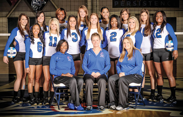 THE 2013 MISSOURI STATE UNIVERSITY-West Plains Grizzly Volleyball team and two of its members received academic honors from the National Junior College Athletic Association (NJCAA).  The team was named one of the 2013-2014 Volleyball All-Academic Teams for posting a combined grade point average (GPA) of 3.14 on a 4.0 scale, and sophomore middle attacker Torika Baleilekutu, Palo Alto, Calif., and sophomore setter/outside attacker Laiz Novaes, Rio de Janeiro, Brazil, each received the NJCAA Award for Exemplary Academic Achievement for posting cumulative GPAs of 3.63 and 3.77, respectively.  Front row from left are former Assistant Coach Crystal Stigler, Head Coach Paula Wiedemann and Strength and Conditioning Coach Keri Elrod.  Second row: Players Victoria Williams, Houston, Texas; Paris Witte, West Plains; Novaes; Grace Kiely, St. Louis; Shalice Goss, Houston, Texas; and Alyssa Aldag, Fort Worth, Texas.  Back row: Players Brianna Zebert, Pierce City; Kaili Simmons, El Dorado Springs; Leondra Barrett, Ooltewah, Tenn.; Ashley Bishton, Liberty, Mo.; Nella Ioramo, Union City, Calif.; Helena Peric, Smederevo, Serbia; Adrijana Mazulovic, Belgrade, Serbia; and Baleilekutu.  (Missouri State-West Plains Photo)