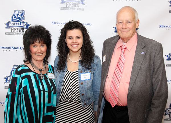 GUEST SPEAKERS at Missouri State University-West Plains’ Annual Scholarship Luncheon included, from left, Inez Pahlmann, Student Government Association (SGA) President Shelby Harris, and West Plains Mayor Jack Pahlmann.  All are from West Plains.  (Missouri State-West Plains Photo)