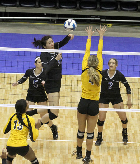 GRIZZLY FRESHMAN MIDDLE ATTACKER Penny Liu (No. 16) goes up for one of her 23 kills against Tyler Junior College Saturday, Nov. 22, in the seventh place game at the NJCAA Division I Women’s National Volleyball Championship Tournament in Casper, Wyo.  Looking on are teammates Brianna Zebert (No. 5) and Susannah Kelley (No. 2), while Tyler’s Morgan Lewis (No.4 ) and Aerielle Edwards (No. 13) try to defend.  (Photo courtesy of Cathy Wilson/SG Photos)