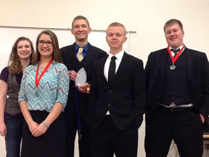 MEMBERS OF THE BAKERSFIELD High School team competing in the recent Student Congress of Public Affairs at Missouri State University-West Plains included, from left, Abby Colbert, Cayley Hand, Adam Hand, Josh Yount and Grier Hull.  (Photo provided)