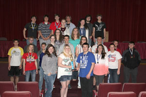 THE TEAM FROM WEST PLAINS High School took top honors in Division I of the 30th annual Interscholastic Contest hosted by Missouri State University-West Plains on Friday, April 10.  With their trophy are, front row from left, Jayden Hicks, Taylor McGraw, Thomas Mayhew, Taylor Guffey and Serena Jolliff; second row:  Summer Burnes, Mae Pavelka, Alyssa Roylance, Joey Block, Kate Froehlke, Gerrard Dietrich, Cole Henry, Matt Pavelka, Kyle Seeley, Andrew Smith, Audrey Russell, Emma Pingleton, Juliette Reid and Emily Kimball; back row:  Jacob Colangelo, Austin Beard, Alex Eggert, Jacob Burke, Patrick Cobb and Bradley Sloniker.  (Missouri State-West Plains Photo)