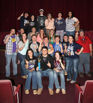  THE TEAM FROM WINONA High School tied for first place in Division III of the Interscholastic Contest hosted by Missouri State University-West Plains on Friday, April 10.  With their trophy are, front row from left, Kyndal Thomason, Zack Smith and Madison Counts; second row:  Megan Mays, Jake Smith, Tre Thomason, Dalton Voyles, Jesse Denton, Gretta Phillips and Joe Norris; third row: team sponsor William Chilton, Michaela Kile, Jerica Will, Kelsey Spinner and Regan Brown; back row:  Jacob Deckard, Sarah Marchbank, Logan Thompson, Destiny Brewer, Julia Sartin and Olivia Barnes.  (Missouri State-West Plains Photo)