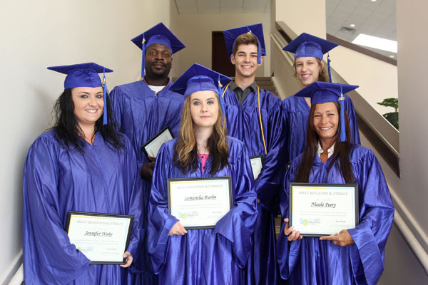 THESE SIX STUDENTS were among 17 who recently received their high school equivalency diplomas through Missouri State University-West Plains’ Adult Education and Literacy (AEL) Program and particiapted in graduation ceremonies Sunday afternoon, July 26, at the West Plains Civic Center theater.  An estimated 100 family members, friends and university officials were on hand to congratulate the graduates and enjoy refreshments after the ceremony.  Front row from left: Jennifer Wake and Samantha Burlin, both of West Plains, and Nicole Peery, Dora; back row: Calvin Fuller Jr., West Plains, Robert Peytan Bassett, Alton, and Allison Routh, Mtn. View.  Other graduates include Alyssa Thompson, Crystal Arambula, Matthew Davis, Drew Burke, Kelly Moshier and Michael Devencenzi, all of West Plains; Angela Lockerby and Connor McManus, both of Alton; Tiffany Fisher and Janeva Stoltzfus, both of Mtn. View; and Darrell Rohrer, Summersville. (Missouri State-West Plains Photo).