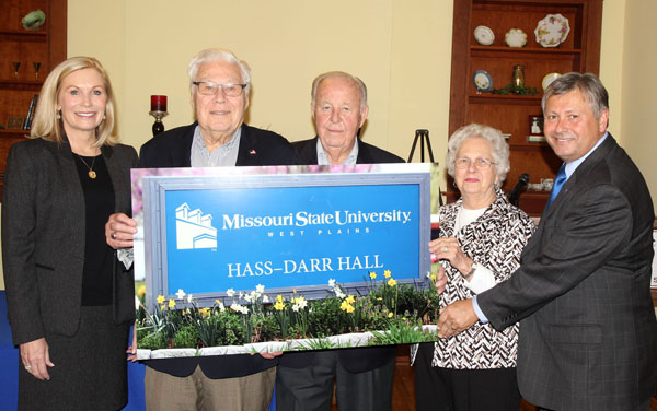 HASS-DARR HALL will be the name of post office building on Garfield Avenue following completion of renovation and expansion plans by Missouri State University-West Plains officials. The building’s new name was unveiled today following the announcement of significant gifts from Mary Hass Sheid, West Plains, the William R. Hass family, Springfield, and William and Virginia Darr, Springfield, during a press conference at Kellett Hall. From left are Ms. Sheid, William R. Hass, William and Virginia Darr, and Missouri State-West Plains Chancellor Drew Bennett. (Missouri State-West Plains Photo)