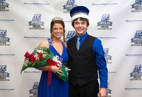 ROYALTY – Katelyn Grogan, Cabool, and Casey Buehler, West Plains, were crowned the 2016 Grizzly Homecoming Queen and King, respectively, during halftime activities of Saturday’s basketball game between Missouri State University-West Plains and Three Rivers College, Poplar Bluff, in Joe Paul Evans Arena at the West Plains Civic Center. Grogan was sponsored by the Grizzly Cheer Team, and Buehler was sponsored by the Student Government Association.  They were crowned by the 2015 Grizzly Homecoming King and Queen, Lance Parker, Dixon, and Emily Yeager, Dora. (Missouri State-West Plains Photo).