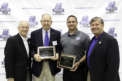 THE RECIPIENTS of the Distinguished Alumni and Distinguished Faculty/Staff Awards in 2015 were West Plains R-7 School Superintendent Dr. John Mulford and Emeritus Professor of History Dr. Ed McKinney, respectively. From left are Missouri State University System President Clif Smart, McKinney, Mulford and Missouri State-West Plaisn Chancellor Drew Bennett. (Missouri State-West Plains Photo)