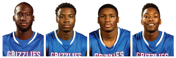 FOUR MEMBERS of the Missouri State University-West Plains Grizzly Basketball team earned All-Region 16 Team honors, and three of the four earned All-Midwest Community College Athletic Conference (MCCAC) Team honors. From left, sophomore forward Ngor Barnaba was named first team on both teams, freshman forward Devonte Campbell was named first team All-MCCAC and second team All-Region 16, sophomore forward Terrell Martin-Garcia was named second team All-Region 16, and freshman guard Vonny Irvin was named second team on both teams. (Missouri State-West Plains Photos)