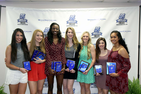 SEVEN MEMBERS of the 2015 Grizzly Volleyball team at Missouri State University-West Plains received individual awards during the annual Grizzly Sports Reception/Hall of Fame Induction Ceremony Friday evening, April 22, at the West Plains Civic Center’s Magnolia Room. From left, Blanca Izquierdo, Madrid, Spain, Grizzly Award; Gabby Edmondson, Christchurch, New Zealand, first team All-Region 16, Service Reception Award and Marvin Wheeler Academic Excellence Award; Zori Curry, Oklahoma City, Okla., NJCAA All-American Honorable Mention, first team All-Region 16 and Blocking Award; Stephanie Phillips, Thornlands, Australia, second team All-Region 16 and Newcomer Award; Susannah Kelley, Jonesboro, Ark., NJCAA All-American Honorable Mention, first team All-Region 16, Setter Award and Marvin Wheeler Academic Excellence Award; Autumn Reese, Ozark, second team All-Region 16, Defensive Player Award and Newcomer Award; and Pulotu Manoa, Concord, Calif., first team All-Region 16 and Offensive Player Award.  (Missouri State-West Plains Photo)