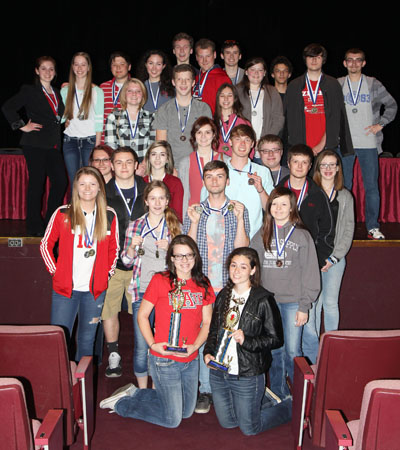 THE TEAM FROM WEST PLAINS High School took top honors overall and in Division I of the 31st annual Interscholastic Contest hosted by Missouri State University-West Plains on Friday, April 8. Team members included, front row from left, Kasey Wetherford and Ripley Martin; second row: Megan Biggers, Makaylee Roylance, Jordan Berkshire and Cailynne Summers; third row: Samantha Hopkins, Ryan Martin, Katie Hoopes, Sydney Smith, Matthew McCall, Zane Johnson, Cole Henry and Chloe Autry; fourth row: Katie Fite, Zach Jensen and Carissa Peoples; back row: Elyse Puckett, Brett Newberry, Austin Beard, Emily Kimball, Conner Cochran, Chris Stein, Ashton Collins, Maddie Allen, Anthoney McConnell, Matthew Pavelka and Aaron Jolliff.  (Missouri State-West Plains Photo)