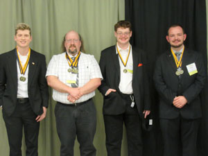 THESE MEMBERS of the Phi Beta Lambda (PBL) student business club at Missouri State University-West Plains brought home medals after placing in several categories of competition at the FBLA/PBL State Conference April 23 in Springfield. From left are Derek McGinnis, Pottersville; Darian Williams, West Plains; and Jim Listopad and Weston Mitchell, both of Cabool. (Photo provided)