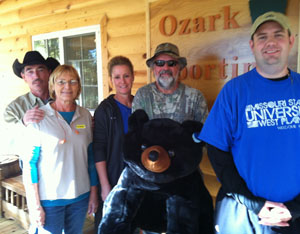 ALAN HESELTON, second from right, West Plains, won “Iron Man” honors at the Fall Shooting Classic Saturday, Oct. 20, at Ozark Sporting Clays in Caulfield, Mo. The event, hosted by Rick and Bev Hamby, benefitted the Grizzly Athletics program at Missouri State University-West Plains. With Heselton above are, from left, Rick and Bev Hamby, Grizzly Volleyball Head Coach Paula Wiedemann and Grizzly Basketball Head Coach Yancey Walker. (Photo provided)