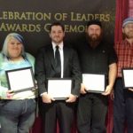 SEVERAL STUDENTS received awards in this year’s creative writing contest sponsored by the Missouri State University-West Plains Department of English and Writing Center, and they were recognized during the annual Celebration of Leaders student awards ceremony April 18 at the West Plains Civic Center theater. From left are Associate Professor of English Anthony Priest and winners Kadie Tyler and Brian Hite, both of West Plains, Lemuel Emunah of Dora, Othniel Emunah, who accepted the award given to Zerubbabel Emunah of Dora, and Sonrisa Holmes, Willow Springs. Emmily Andrews, West Plains, also was a winner in the contest. (Missouri State-West Plains photo)