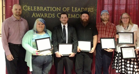 SEVERAL STUDENTS received awards in this year’s creative writing contest sponsored by the Missouri State University-West Plains Department of English and Writing Center, and they were recognized during the annual Celebration of Leaders student awards ceremony April 18 at the West Plains Civic Center theater. From left are Associate Professor of English Anthony Priest and winners Kadie Tyler and Brian Hite, both of West Plains, Lemuel Emunah of Dora, Othniel Emunah, who accepted the award given to Zerubbabel Emunah of Dora, and Sonrisa Holmes, Willow Springs. Emmily Andrews, West Plains, also was a winner in the contest. (Missouri State-West Plains photo)