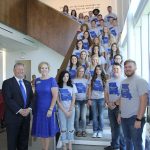 STUDENT AMBASSADORS for the 2016-2017 academic year at Missouri State University-West Plains have been selected. Ambassadors represent the campus to prospective students at community and university events and assist the admissions office with recruitment and retention efforts. To become an ambassador, students must apply through the Missouri State-West Plains Scholarship Handbook and undergo an interview. Ambassadors are selected based on ACT scores, grade point averages, and community involvement and service. Front row from left: Chancellor Drew Bennett; Dean of Student Services Dr. Angela Totty; Kayla Martinez, Alton; Karli Habel, Spokane; Heather McAtee, Pleasant Hope; Douglas Cooley, Plato; and Kody Miller, West Plains. Second row: Bailey Bishop and Kaitlen King, both of Lebanon; and Sabrina Seiber, West Plains. Third row: Mackenzie Lamb, Imperial; Lekisha Hernandez, Dadeville; and Mayce Willison, Thayer. Fourth row: Destiny Johnson, Viola, Ark.; Blair Cook, Plato; and Gracie McMenamy, Crane. Fifth row: Rosemary Driscoll, Brandsville; and Lindsey Hicks, West Plains. Sixth row: Weston Phipps, Houston; Tyler Collins, West Plains; Devin Murphy, Bakersfield; and Steve Dow, Winona. Seventh row: Justin Grogan, Willow Springs; Casey Watkins, West Plains; and Sage Clunn, Ava. Back row: College Access Adviser Katelyn Grogan; Recruitment Specialist Rachel Peterson; Coordinator of Admissions Melissa Jett; Admission Counselor Dakota Bates; Otha Bell, St. Louis; and Colt Tompkins, West Plains. (Missouri State-West Plains Photo)