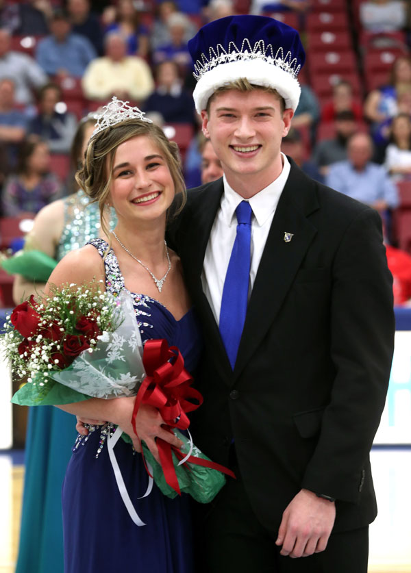 ROYALTY – Maddy Wiehe and Derek McGinnis, both of West Plains, were crowned the 2017 Grizzly Homecoming Queen and King, respectively, during halftime activities of Saturday’s basketball game between Missouri State University-West Plains and Three Rivers College, Poplar Bluff, in Joe Paul Evans Arena at the West Plains Civic Center. Wiehe was sponsored by the Grizzly Cheer Team, and McGinnis was sponsored by the Phi Beta Lambda student business organization. They were crowned by the 2016 Grizzly Homecoming King and Queen, Casey Buehler, West Plains, and Katelyn Grogan, Cabool. (Missouri State-West Plains Photo).