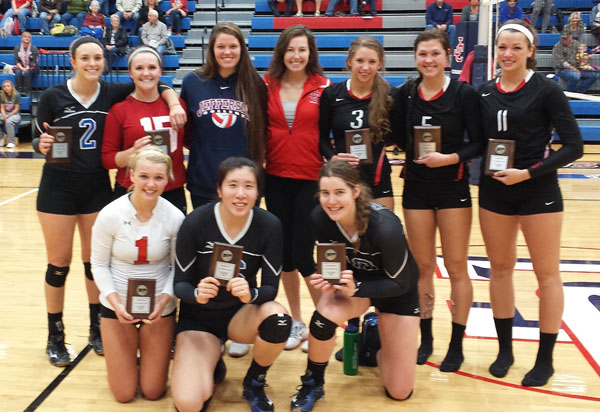 SEVERAL PLAYERS were named to the first team All-Region 16 Team following Saturday’s championship match at Jefferson College in Hillsboro, Missouri. They included, kneeling from left, Paige Mays of Mineral Area College, and Penny Liu and Gabby Edmondson, both of Missouri State University-West Plains. Standing: Susannah Kelley and Alyssa Aldag, both of Missouri State-West Plains; Mary Grace Masters and Haley Richardson, both of Jefferson College; and Natalie Germaud, Erin Wolford and Immerah Bethume, all of Mineral Area. Honorable mention honorees included Grizzlies Pulotu Manoa and Kaili Simmons. (Photo Provided)