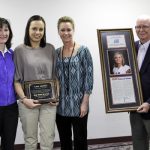 FORMER GRIZZLY Volleyball standout Luiza Jarocka, second from left, was inducted into the Grizzly Hall of Fame by Missouri State University-West Plains and Grizzly Booster Club officials during the annual Grizzly Sports Banquet/Hall of Fame Induction Ceremony Tuesday evening, April 8, at the West Plains Civic Center’s Magnolia Room. She received her award from former Grizzly Volleyball Head Coach Trish Knight, left; current Head Coach Paula Wiedemann, third from left; and Grizzly Hall of Fame Selection Committee Chairman Ron Shemwell. (Missouri State-West Plains Photo)