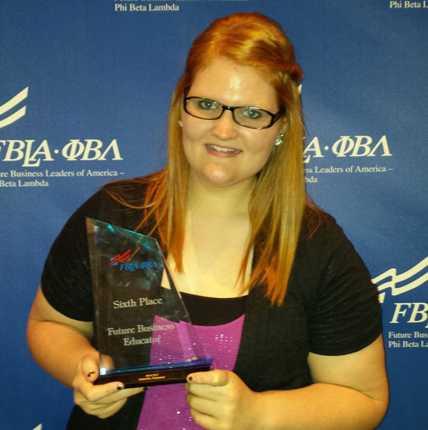 TORI PORTER, a freshman from Williamsville, Mo., placed sixth in the future business educator competition at the 2014 Future Business Leaders of America-Phi Beta Lambda (FBLA-PBL) National Leadership Conference June 24-27 in Nashville, Tenn. The preliminary round of the competition consisted of an interview based on the student’s application, resumé and letter of reference for a teaching position. In the final round, Porter presented a classroom plan that was prepared in advance. The award was part of a comprehensive national competitive events program sponsored by FBLA-PBL that recognizes and rewards excellence in a broad range of business and career-related fields. In addition to the competition, Porter took part in a variety of educational workshops, visited an information-packed exhibit hall and attended motivational presentations on a broad range of business topics. More than 1,800 college students from across the country participated in the conference. (Photo provided)