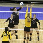 GRIZZLY FRESHMAN MIDDLE ATTACKER Penny Liu (No. 16) goes up for one of her 23 kills against Tyler Junior College Saturday, Nov. 22, in the seventh place game at the NJCAA Division I Women’s National Volleyball Championship Tournament in Casper, Wyo. Looking on are teammates Brianna Zebert (No. 5) and Susannah Kelley (No. 2), while Tyler’s Morgan Lewis (No.4 ) and Aerielle Edwards (No. 13) try to defend. (Photo courtesy of Cathy Wilson/SG Photos)