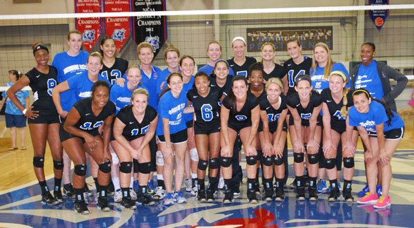 CURRENT AND PAST MEMBERS of the Grizzly Volleyball team at Missouri State University-West Plains took the court Saturday afternoon, Aug. 17, for the annual alumni match. Nine former members of the team put the 2013 Grizzlies through their paces in a fun-filled contest, and the current Grizzlies showed they were up for the challenge, beating their counterparts 3-1. “The alumni match is always a special time because it brings people together who have a common bond – Grizzly Volleyball,” said Head Coach Paula Wiedemann. “Getting our current and former players together, along with families, fans and host families – past and present – is a wonderful experience. I absolutely love it!” Above are, front row from left, current Grizzlies Torika Baleilekutu and Alyssa Aldag, former Grizzly Colbi Goff, current Grizzlies Victoria Williams, Kaili Simmons, Paris Witte, Brianna Zebert and Grace Kiely, and former Grizzly Perla Quintana. Second row: Former Grizzlies Courtney Hendrickson, Danielle Parker Hull and Abbey Roam, and current Grizzlies Laiz Novaes and Shalice Goss. Back row: Current Grizzly Lee Lee Barrett, former Grizzly Sara Kincaid, current Grizzly Nella Ioramo, Wiedemann, former Grizzlies Rachel Warrington and Renae Goller Smith, current Grizzlies Ashley Bishton, Adrijana Mazulovic and Helena Peric, former Grizzly and current Strength/Conditioning Coach Keri Elrod, and Assistant Coach Crystal Stigler. The 2013 Grizzlies will begin their season on the road Friday and Saturday, Aug. 23 and 24, at the Tyler Junior College Invitational in Tyler, Texas. (Photo provided)