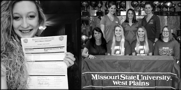 THREE AREA VOLLEYBALL STANDOUTS have decided to become Grizzlies at Missouri State University-West Plains. Rachel Holthaus, in left photo, a 2015 graduate of Winona High School, shows off her signed National Letter of Intent to play for the Grizzlies in an image she posted to her Facebook page, and Johonna Walkup and Kaitlyn Raith, in photo at right, who will graduate from Mtn. View-Birch Tree Liberty High School in May, recently signed their letters in a ceremony at their high school. Front row from left in photo at right: Walkup’s mother Janell Walker, Walkup, Raith, and Raith’s mother Jenny Raith. Back row: Grizzly Volleyball Assistant Coach Briana Walsh, Liberty Eagle Head Volleyball Coach Shari Tune, and Grizzly Volleyball Head Coach Paula Wiedemann. (Photos provided)