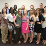 SEVERAL MEMBERS of the 2011-2012 Grizzly Cheer Team at Missouri State University-West Plains received individual awards at the annual Grizzly Sports Banquet/Hall of Fame Induction Ceremony Tuesday evening, April 12, at the West Plains Civic Center Magnolia Room. Front row from left: Cheer Team Coach Keena Simpson; Brittany Cordel, San Antonio, Texas, Crowd Favorite Award; Kristi Falls, Mountain Grove, Best Overall Female Award; Stephanie Wood, West Plains, Most Spirit Award; Kat Janes, Norwood, Best Flyer Award; Courtney Sillyman, Houston, Coaches’ Award for Excellence; and Cheer Team Coordinator Rachel Peterson. Back row: Douglas Cordel, West Plains, Determination Award; Stan Judd, West Plains, Save the Day Award; Peter Amponsah, Columbia, Positive Outlook Award; Tony Ary, Thayer, Best Overall Male Award; Ben French, Conway, Grizz Appreciation Award; and Michael Grindstaff, Willow Springs, Best Base Award. (Missouri State-West Plains Photo)