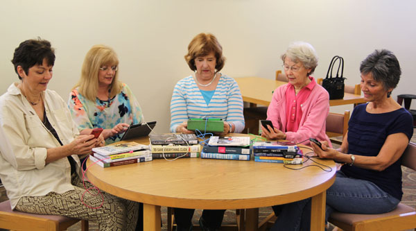 OFFICERS OF THE FRIENDS of the Garnett Library for the 2015-16 academic year are gearing up for another active year of supporting projects that will move the library toward a more tech-savvy group of student and community clients. The projects will focus on redesigning library spaces and providing additional furnishings that will make it easier for visitors to use their electronic devices to connect with the library’s growing list of online resource material, officials said. From left are secretary Kathy Schloss, Missouri State University-West Plains Director of Library Services Sylvia Kuhlmeier, president Linda Keefe, publicity chair Carolyn Brill and vice president Ruth Hall. (Missouri State-West Plains Photo)