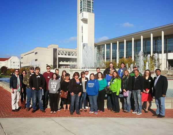 STUDENTS IN DR. RAJIV THAKUR’S World Regional Geography (GRY 100) classes at Missouri State University-West Plains recently traveled to Springfield to visit with experts from the Springfield Chamber of Commerce and the City of Springfield’s planning department to learn about the significance of geographic learning and the applications of geographic information systems (GIS). They also toured historic Walnut and Commercial Streets and met with representatives from the geography, geology and planning department at Missouri State University. Front row from left are Kyle Taylor, West Plains; Kaitlyn Lamkin, Wappapello; April Hogan White, Willow Springs; Jane Halsey, West Plains; Gloria Wood, Thayer; Rebecca Malam, Houston; Lea Harris, Licking; Kendra Belcher and Caitlin Gross, both of West Plains; Elizabeth Hayes, Houston; Krya Bunch, Willow Springs; Tiffany Braswell, St. Louis; and Thakur. Back row: Mary Davis, Nixa, member of the geology faculty at Springfield; Jennifer James, Paul Bradshaw, Robert Sands and Keith Seeley, all of West Plains; Sylest Christopher, Mtn. View; Whitney Slaughter, Thayer; David Miller, West Plains (partially hidden); Bucky Rodriguez, Yucca Valley, Calif.; Amanda Collins, West Plains; and Hannah Hurst and Blake Horton, both of Thayer. (Photo provided)