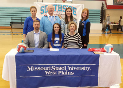 GREER ROGERS, a 6-foot, 1-inch middle attacker from Southside High School in Fort Smith, Ark., recently signed paperwork indicating her intention to attend Missouri State University-West Plains on a volleyball scholarship beginning next fall. Rogers, on of the top blockers in the state, helped lead her team to the Arkansas Class 7A state semifinals for the past two years. On hand for the signing were, seated from left, father Kenneth Wallace, Rogers, and mother Suni Vallun; standing: Missouri State-West Plains Head Volleyball Coach Paula Wiedemann, Southside High School Head Coach Steve Haaser and Assistant Coach Natalie Throneberry, and Missouri State-West Plains Assistant Volleyball Coach Briana Walsh. (Photo provided)