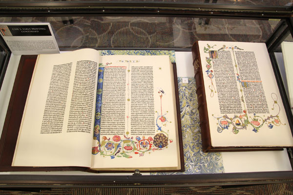 THIS FACSIMILE OF THE GUTENBERG Bible is one of several pieces of “The Art of the Printed Book Through the Centuries” exhibit now on display at the Garnett Library on the Missouri State University-West Plains campus. The traveling exhibit, which features pieces from the collection at The St. Louis Mercantile Library, was brought to campus through The Missouri Center for the Book with funding from the National Endowment for the Arts. (Missouri State-West Plains Photo)