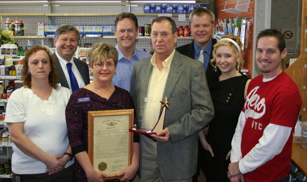 JB’S HEALTHMART, a health food store at 1504 Preacher Roe Blvd., Suite 2, in West Plains, received the 2012 Rising Star of Entrepreneurship Award at the 2012 Missouri Small Business & Technology Development Center (SBTDC) Stars of Innovation and Entrepreneurship Showcase Jan. 18 in Jefferson City, Mo. The award is given to SBTDC clients from traditional business sectors who offer forward-thinking products and services or develop new ways of doing business. Since becoming clients of the Missouri State University-West Plains SBTDC office, JB’s Healthmart owners Dan and Jane Thomas have nearly doubled the business’ sales, added employees and developed an educational and e-commerce website. The Thomases also received a proclamation from the Missouri House of Representatives recognizing their efforts to invest in the local economy and honoring them for their award. Front row from left are JB’s employee Lisa Newcomb, owners Jane and Dan Thomas, employee Kara Pilz and IT tech Jason Hartgraves. Back row: Missouri State-West Plains Chancellor Drew Bennett, 151st State Rep. Ward Franz (R-West Plains), and local SBTDC Coordinator Darrell Hampsten. (Missouri State-West Plains Photo)