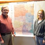 HOWELL COUNTY CLERK Dennis VonAllmen and Shelby Collins, Vanzant, look over a map of the county’s voting precincts. Collins, a student in one of Dr. Kathy Morrison’s American Democracy and Citizenship (PLS 101) classes at Missouri State University-West Plains, served as a poll worker Nov. 8 as part of a service learning project for the class. (Missouri State-West Plains Photo)