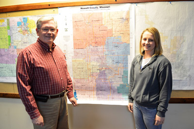HOWELL COUNTY CLERK Dennis VonAllmen and Shelby Collins, Vanzant, look over a map of the county’s voting precincts. Collins, a student in one of Dr. Kathy Morrison’s American Democracy and Citizenship (PLS 101) classes at Missouri State University-West Plains, served as a poll worker Nov. 8 as part of a service learning project for the class. (Missouri State-West Plains Photo)