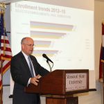 THE 2015-16 ACADEMIC YEAR will be ‘a planning year’ for the Missouri State University System, President Clif Smart said today during his annual State of the University address to the Missouri State-West Plains campus and community. Officials at both the Springfield and West Plains campuses will be working on long-range plans to guide each one’s growth into the future, he said, explaining enrollment trends will be an important factor in those plans. The university set new enrollment records at both the Springfield campus and systemwide, but the West Plains campus saw a decrease this fall, although the diversity of its student body increased. Smart said funds raised through tuition and fees play a major role in the university’s ability to offer excellent educational programming to its students; therefore, developing initiatives to attract and retain students will be a key component of the new long-range plans. Over 100 students, faculty, staff and community members attended the presentation. (Missouri State-West Plains Photo)
