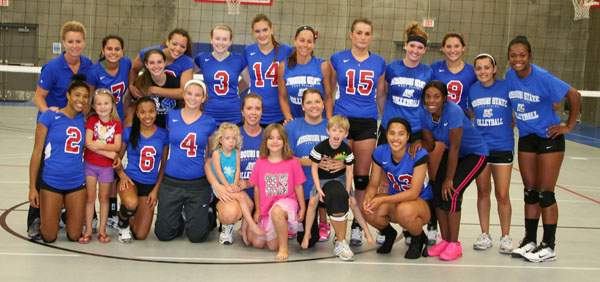 ABOUT 150 AREA RESIDENTS got their first look at the 2012 Missouri State University-West Plains Grizzly Volleyball team when they faced former members of the squad Saturday, Aug. 18, in the annual alumni match at the Student Recreation Center. The Grizzlies won the match, but the former Grizzlies gave the current team a good workout during the four-game contest, barely losing the last game 22-25. Head Coach Paula Wiedemann was pleased with the turnout of fans and thanked everyone for attending. The Grizzlies begin their season Friday and Saturday, Aug. 24-25, at the Tyler Junior College Invitational Tournament in Tyler, Texas. They will open their home season at 6 p.m. Sept. 14 against John A. Logan College of Carterville, Ill., in the West Plains Civic Center. Posing for a group photo after the match were, front row from left, current Grizzly Taylor Swayzer; Wiedemann’s daughter, Lily; current Grizzlies Victoria Willams and Grace Kiely; Veronica Smith, daughter of former Grizzly Renae Goller-Smith; Goller-Smith (95-97); Goller-Smith’s other daughter, Miranda; former Grizzly and current Athletic Trainer Keri Elrod (95-96); Elrod’s nephew, Kaden Elrod; current Grizzly Nella Ioramo; and Assistant Coach Crystal Stigler, who played with the alumnae. Back row: Wiedemann; current Grizzly Laiz Novaes; former Grizzly Colbi Goff (2010-11); current Grizzlies Brittney Adkisson, Sarah Stretch and Helena Peric; former Grizzly Quanna Speake-Hafer (96-97); currrent Grizzly Magda Zietek; former Grizzly Briana Walsh (2008-09); current Grizzly Candyce Alexander; former Grizzly Perla Quintana (2008-09); and current Grizzly Torika Baleilekutu. (Missouri State-West Plains Photo)
