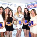 SEVERAL MEMBERS of the 2016-2017 Grizzly Volleyball team at Missouri State University-West Plains received individual awards at the annual Grizzly Sports Reception Tuesday evening, April 11, at the West Plains Civic Center’s Magnolia Room. From left, Blanca Izquierdo, Madrid, Spain, Setter/Most Assists (1,374 assists) and Grizzly Awards; Autumn Reese, Ozark, Best Defensive Player (578 digs), Service Reception (2.44 passing rating) and Grizzly Awards; Catja Weijzen, Houten, Holland, Best Offensive Player Award (431 kills, .316 attacking percentage); Greer Rogers, Fort Smith, Ark., Blocking Award (87 total blocks, 28 solo blocks); and Maja Petronijevic, Belgrade, Serbia, Grizzly and Marvin Wheeler Academic Excellence Awards. Stephanie Phillips, Brisbane, Australia, also received the Grizzly and Marvin Wheeler Academic Excellence Awards. Reese, Weijzen and Izquierdo also were recognized for being named to the first team All-Missouri Community College Athletic Assocation Team. (Missouri State-West Plains Photo).