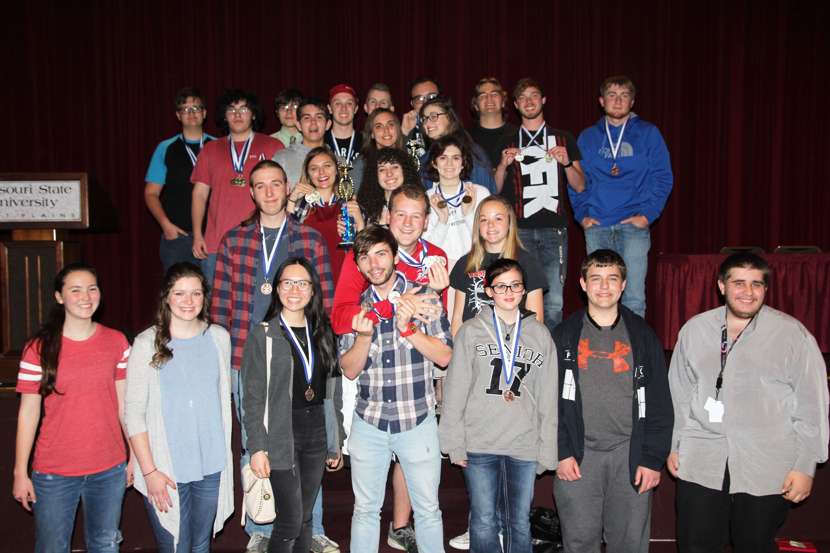 THE TEAM FROM WEST PLAINS High School took top honors overall and in Division I of the 32nd annual Interscholastic Contest hosted by Missouri State University-West Plains on Friday, April 7. Team members included, front row from left, Clair Kimball, Patricia Evins, Heather Pham, Jordan Berkshire, Crystal McGee, Matthew Watkins, Cody O’Bannon; second row: Cameron Huffman, Chris Stehn, Ashley Corkin; third row: Dally Thompson, Carli Badolian, Sidney Smith; fourth row: Richie Cordel, Maddy Brown, Sarah Gill; back row: Josh Shirley, Thomas Mayhew, Matthew Pavelka, Gannon Moss, Justin Cotter, Eli Pettit, Ryan Jones, Matthew McCall, Landon Bunch (Missouri State-West Plains Photo)