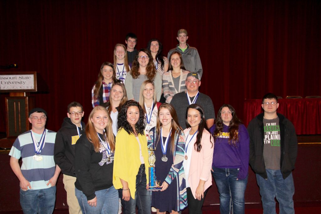 THE TEAM FROM Winona High School took top honors in Division III of the 32nd annual Interscholastic Contest hosted by Missouri State University-West Plains on Friday, April 7. With their trophy are, front row from left: Jesse Denton, Wesley Fuller, Regan Brown, Kyndal Thomason, Madison Counts, Macie Dixon, Bethanie Chaney, Avrey Redman; second row: Courtny Womack, Delaney Hicks, Adam Blunk; third row: Caillie Kile, Abby Miley, Kiley Counts; back row: Te’ah Thomason, Wyatt Asplin, Lilly Wright, Alex Cox (Missouri State-West Plains Photo)