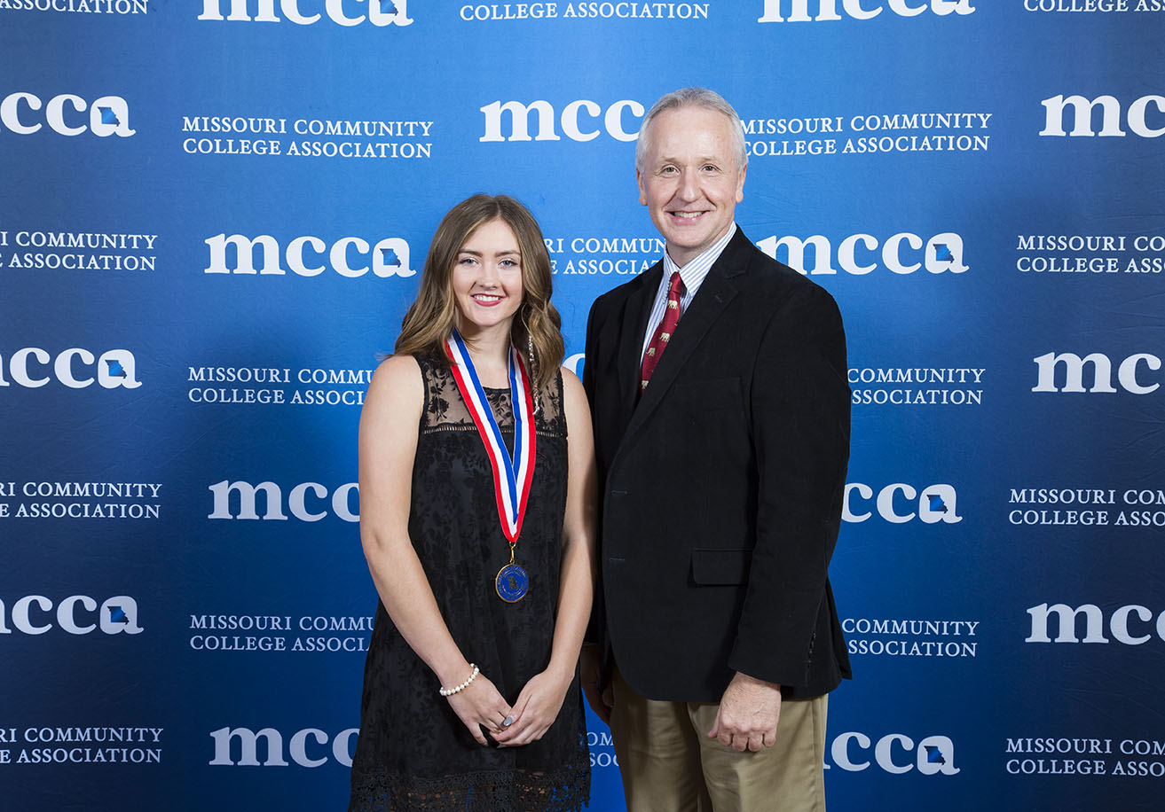 BLAIR COOK, Plato, a sophomore at Missouri State University-West Plains, has been selected as a third team honoree on the 2017 All-Missouri Academic Team sponsored by the Phi Theta Kappa (PTK) Honor Society and Missouri Community College Association (MCCA). The award recognizes students from the 27 PTK chapters in Missouri who excel in the classroom, have the intellectual curiosity to pursue an academic career and cultural enrichment outside the traditional classroom, show evidence of substantial development of talents in academics and technical education, and have demonstrated an ability to share this development with others. Cook received a medallion, certificate, a $250 scholarship and a proclamation from Missouri Gov. Eric Greitens during the award ceremony April 12 in Columbia. She attended the ceremony with Dr. Dennis Lancaster, dean of academic affairs at Missouri State-West Plains. (Photo provided)