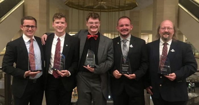FIVE MEMBERS of the Phi Beta Lambda (PBL) student business organization at Missouri State University-West Plains were among the top 10 competitors in the nation in contests held as part of the 2017 Future Business Leaders of America (FBLA)/PBL National Leadership Conference June 24-27 in Anaheim, Calif. From left are Dillon Cordel and Derek McGinnis, both of West Plains; Jim Listopad and Weston Mitchell, both of Cabool; and Darian Williams, West Plains. (Photo provided)