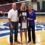 GRIZZLY VOLLEYBALL STANDOUT Patricia Gandolfo, center, was officially inducted to the Grizzly Athletics Hall of Fame during the annual Grizzly Volleyball Alumni Game Saturday, Aug. 19, at the West Plains Civic Center arena. On hand for the plaque presentation were, from left, Grizzly Booster Club Grizzly Booster Club Executive Board Member and chair of the Hall of Fame Selection Committee Russ Gant, left, and Grizzly Volleyball Head Coach Paula Wiedemann. (Missouri State-West Plains Photo)