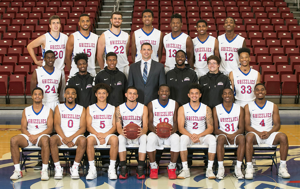 THE 2017-18 GRIZZLY BASKETBALL team at Missouri State University-West Plains includes, front row from left, Erik Nvagbara, Kharkiv, Ukraine; Nieke Thomas, Springfield; Johde Campbell, Leicester, England; Ricky Torres, Pinellas Park, Fla.; Radshad Davis, Nassau, Bahamas; Terrell Whitaker, Pinellas Park, Fla.; Montel Stewart, Palm Bay, Fla.; and Eric Lovett, Union City, Ga. Second row: Evan White, Florissant; managers Marcus Golden and Eric Stafford, both of St. Louis; Head Coach Chris Popp; managers Jordan Cook, St. Louis, and Bennett Sandwell, Springfield; and Derrick Roberson, Springfield. Back row: Mykyta Drugachonok, Odessa, Ukraine; Yannis Mendy, Metting, France; Leo Kontopoulos, Frankfurt, Germany; Greyson Smallwood, Portland, Ore.; Dontell Brown, Lexington, Ky.; Kenyon Stone, Bowie, Md.; and Burone Edwards, San Antonio, Texas. (Missouri State-West Plains Photo)