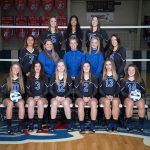 Members of the 2017-18 Grizzly Volleyball team are arranged in rows in the West Plains Civic Center arena. Members includes, front row from left, Kamryn Artale, Springfield; Miriam Cardoner Soler, Barcelona, Spain; Elliotte Bourne, Rolla; Kinli Simmons, El Dorado Springs; Tatjana Trifkovic, Belgrade, Serbia; and Alyssa Matherly, Cabool. Second row: Yileen Ng He, Colon, Panama; Strength and Conditioning Coach Keri Elrod; Head Coach Paula Wiedemann; Assistant Coach Briana Walsh; and Koty Cooper, Stella. Back row: Grace Strumbaugh, Concordia; Keziah Williams, Branson; and Karolina Noszczyk, Bedzin, Poland. (Missouri State-West Plains Photo)
