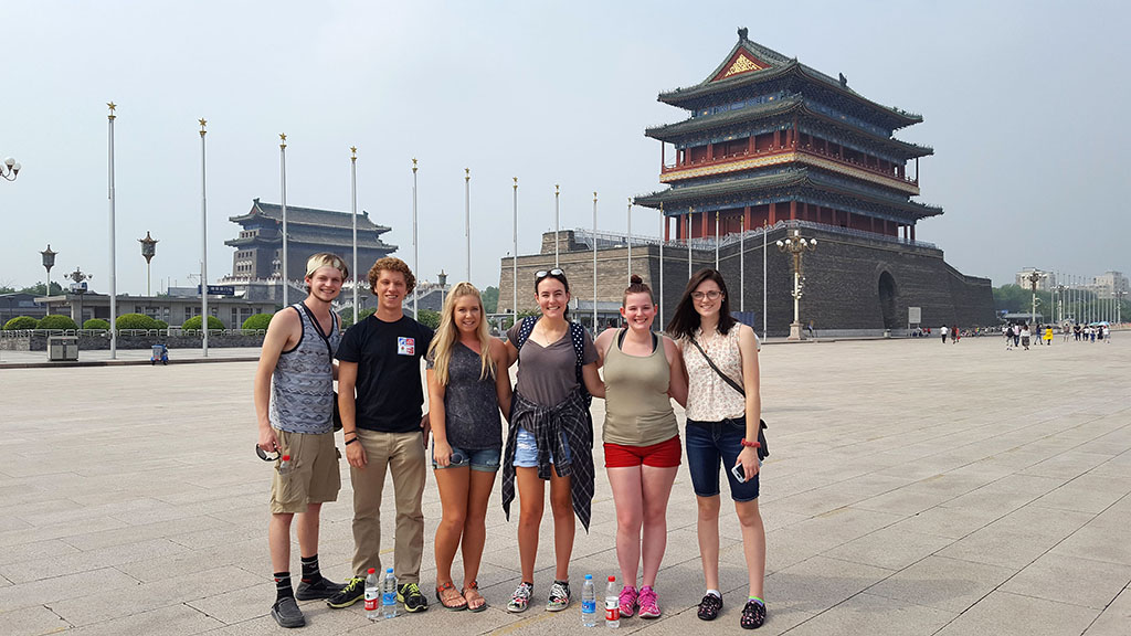 THESE SIX STUDENTS from Missouri State University-West Plains are spending the fall semester at Liaoning Normal University (LNU) in Dalian, China, as part of the China Semester Study Away Program. In addition to taking classes at Missouri State-West Plains’ branch campus at LNU, they’re also working as interns in the campus’ offices and teaching Chinese students English. Through their experience, they will learn more about the Chinese culture, history and language and develop an increased awareness of the growing business relationship with the U.S. From left are Sage Clunn, Ava; Weston Phipps, West Plains; Meghan Ledford, Ozark; Rosemary Driscoll, Brandsville; Michelle Oliver, West Plains; and Destiny Johnson, Viola, Ark., at Tienanmen Square in Beijing near the Forbidden City. The group left the U.S. on Aug. 16 and will return Dec. 16. (Photo provided)
