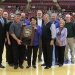 LOCAL RESIDENTS DALE AND CAROLYN SMITH received the Grizzly Track Award from members of the Grizzly Booster Club Executive Board of Directors during the Nov. 21 Grizzly Basketball game at the West Plains Civic Center.  The award honors extraordinary support given by individuals or businesses on behalf of Grizzly Athletics. On hand for the award presentation were, front row from left, Grizzly Basketball Head Coach Chris Popp, Missouri State University-West PlainsDean of Student Services/Athletic Director Dr. Angela Totty, Dale and Carolyn Smith, Chancellor Drew Bennett, and Grizzly Booster Club Board Member Donna Frey. Back row: Grizzly Booster Club Board Members Russ Gant, John Kenslow and Steve DeClue, Acting Grizzly Booster Club Board President Bo Pace, and Grizzly Booster Club Board Member Ron Shemwell. (Missouri State-West Plains Photo)