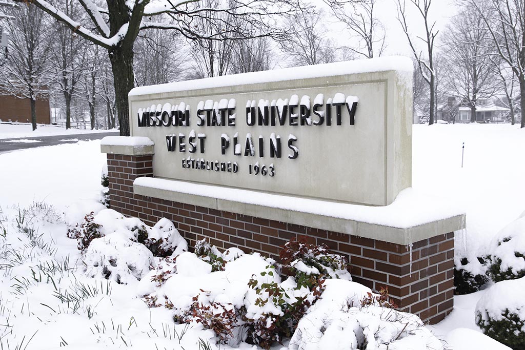 The Missouri State University-West Plains sign covered in snow