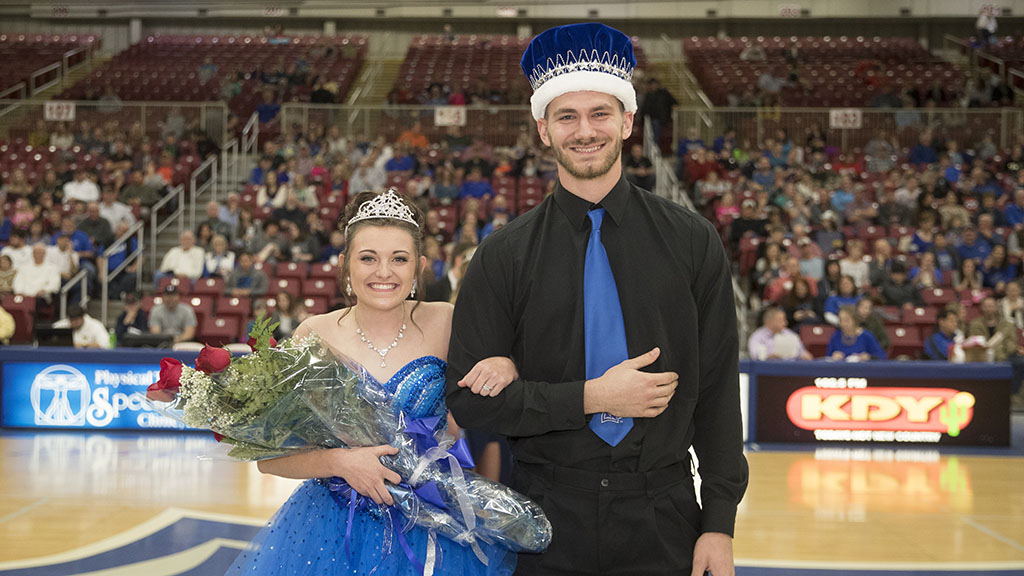 ROYALTY – Makayla Koon and Colt Tompkins, both of West Plains, were crowned the 2018 Grizzly Homecoming Queen and King, respectively, during halftime activities of Saturday’s basketball game between Missouri State University-West Plains and Three Rivers College, Poplar Bluff, in Joe Paul Evans Arena at the West Plains Civic Center. Koon and Tompkins were both sponsored by the Grizzly Cheer Team. They were crowned by the 2017 Grizzly Homecoming King and Queen, Derek McGinnis and Maddy Wiehe, both of West Plains. (Missouri State-West Plains Photo).